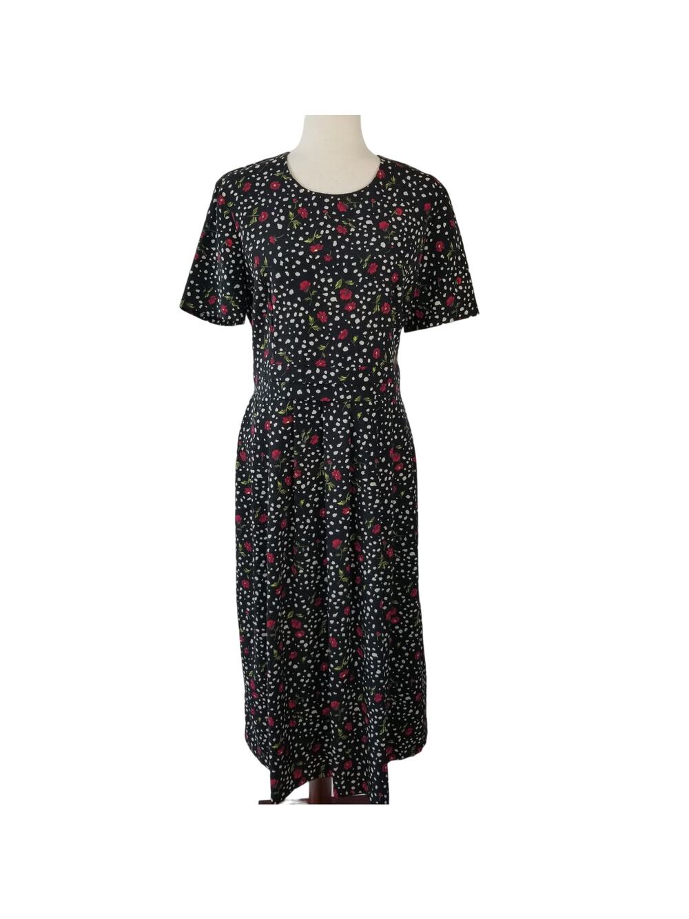 Michelle Harper Black White Red Floral Vintage Tie Waist Short Sleeve Dress 10